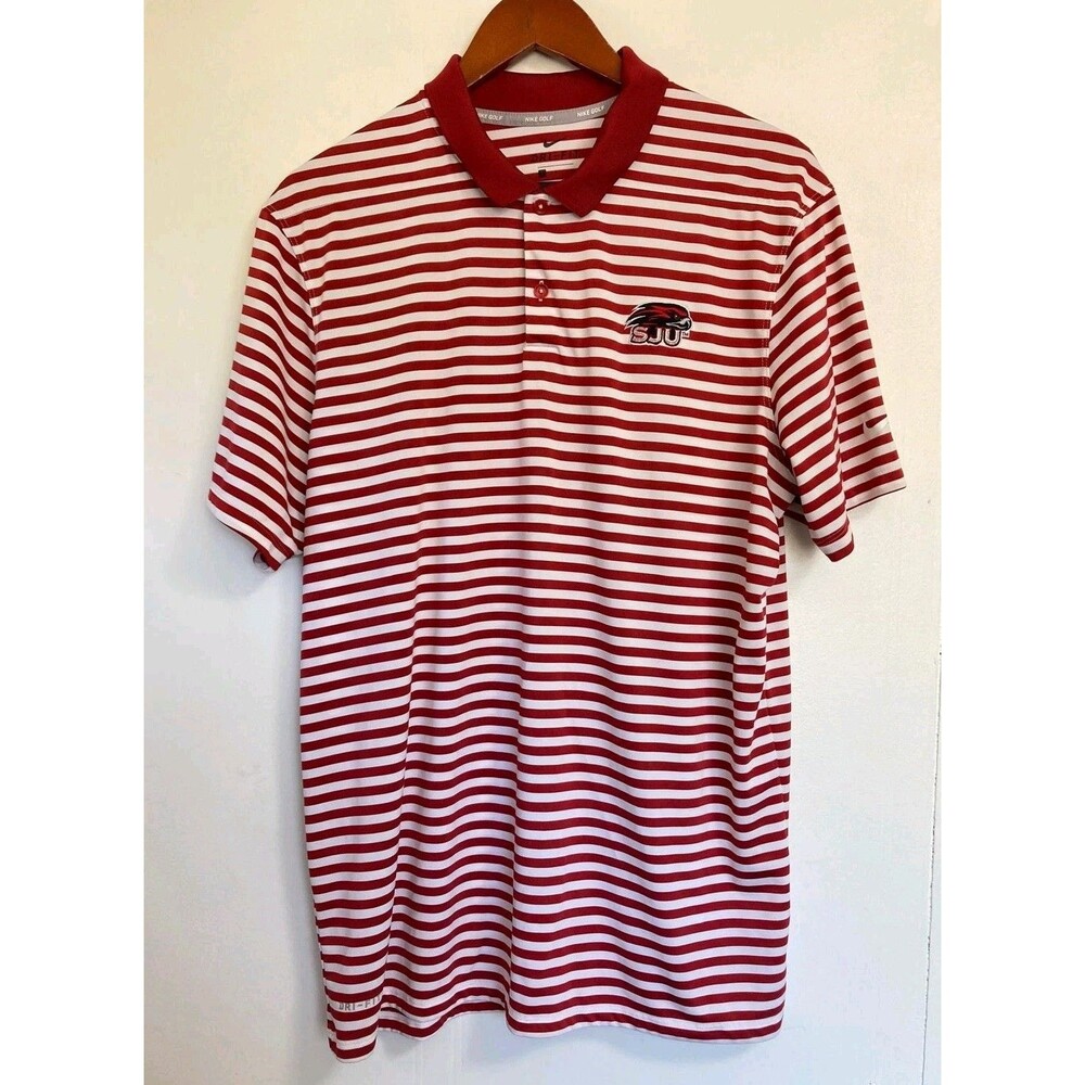 Nike St Johns Polo Shirt‎ Mens L Red Short Sleeve Athletic Golf Striped